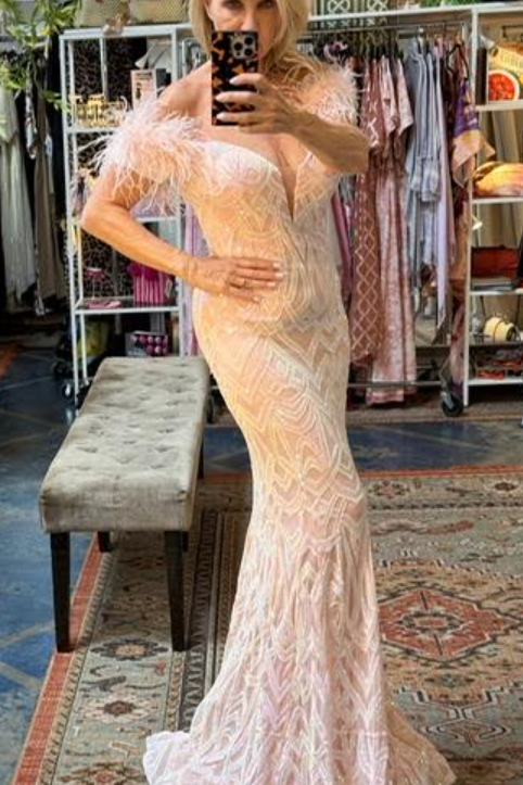 The Jovani 23383 Ice Pink Feather Shoulder Sequin Embellished Gown