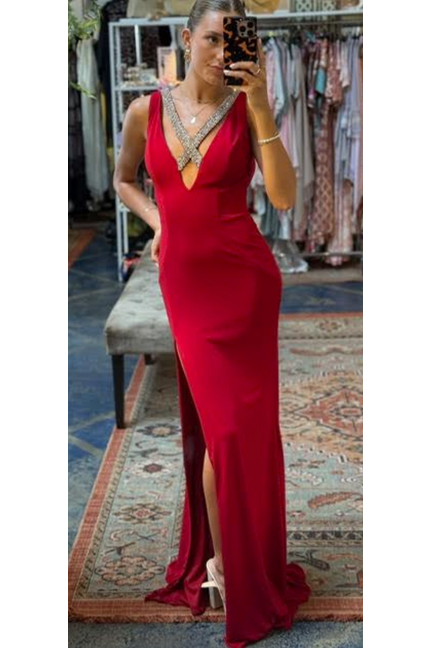 The Jovani 26120 Red Rhinestone Embellished Sheath Gown