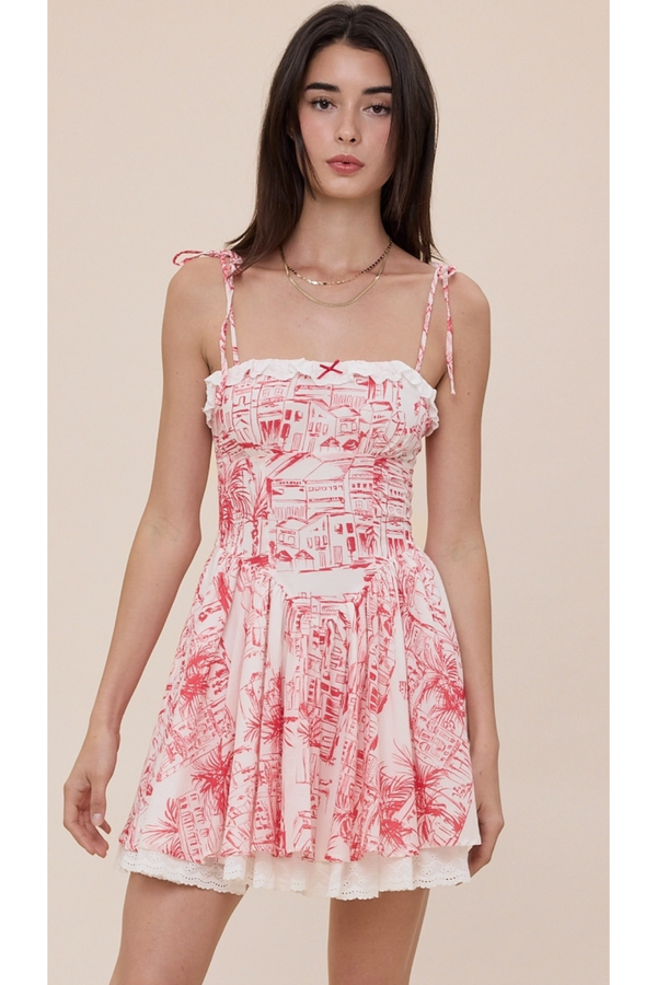 The Chloe Red City Print Fit and Flare Mini Dress