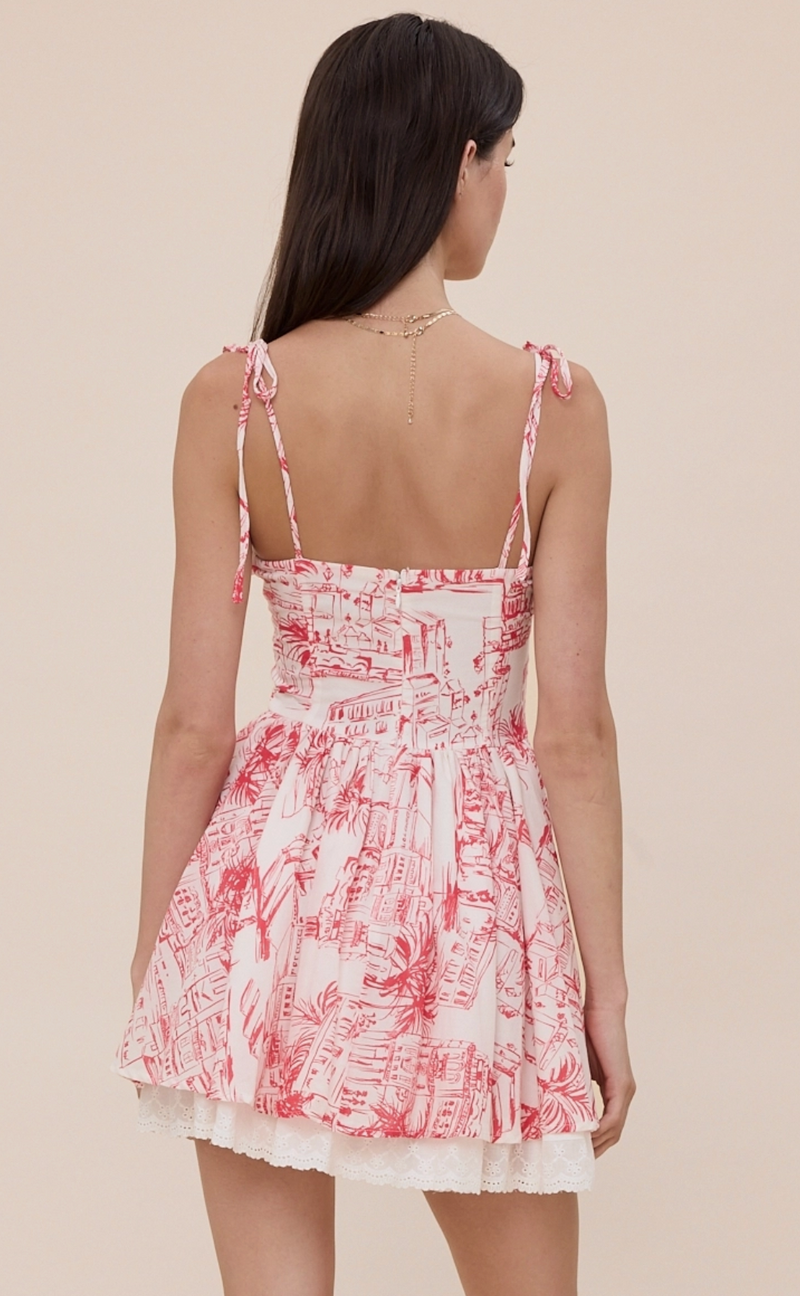 The Chloe Red City Print Fit and Flare Mini Dress
