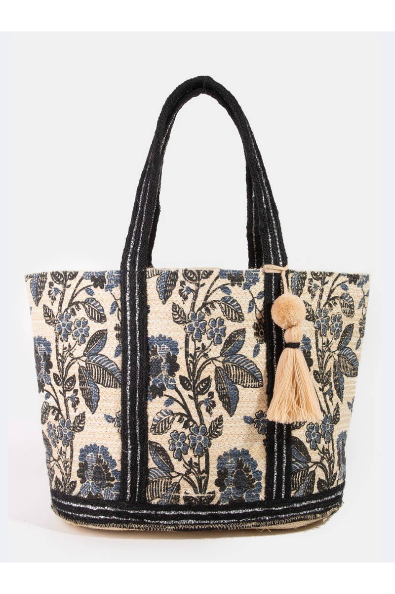 The Vineyard Black Floral Canvas Tote