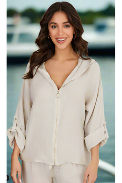 The Mara Beige Linen Hooded Jacket