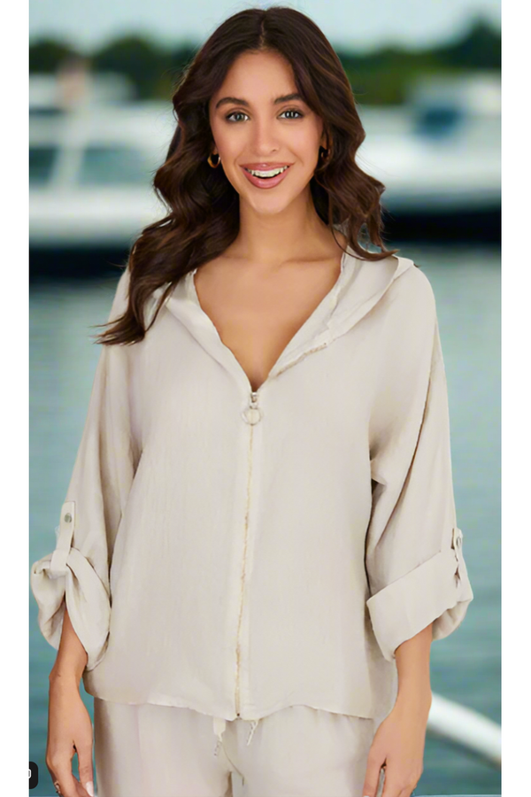 The Mara Beige Linen Hooded Jacket