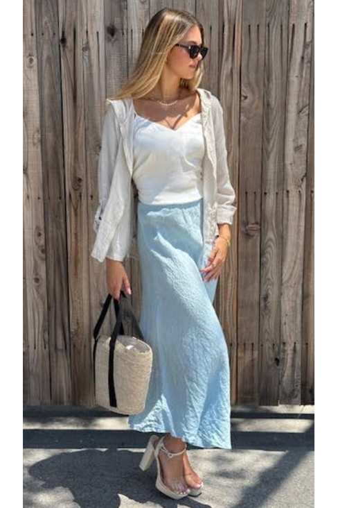 The Cielo Light Blue Linen Maxi Slip Skirt