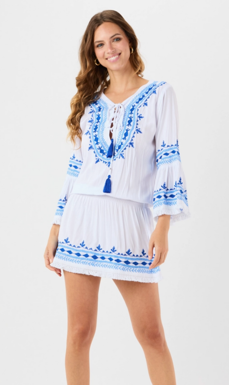 The Santorini White/Blue Embroidered Mini Cover Up Dress