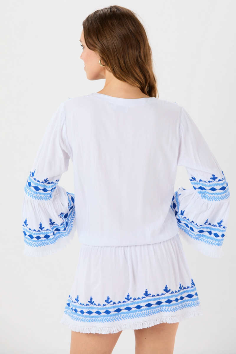 The Santorini White/Blue Embroidered Mini Cover Up Dress