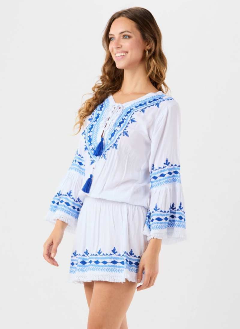 The Santorini White/Blue Embroidered Mini Cover Up Dress