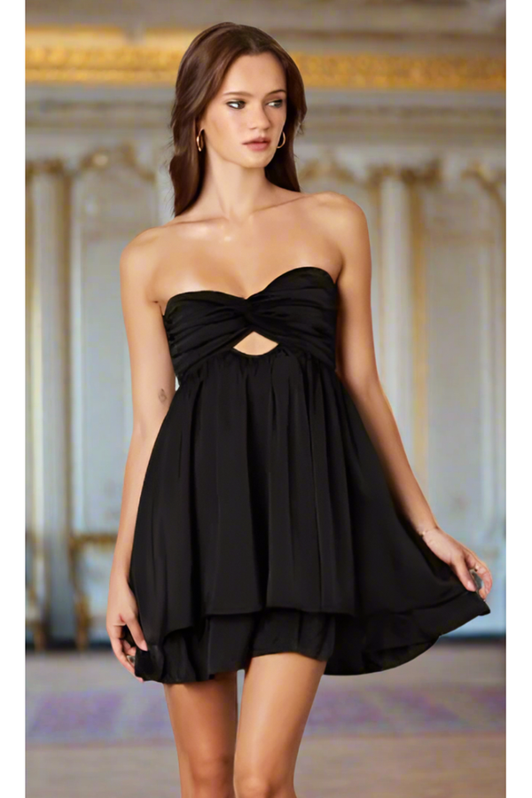 The Regina Black Strapless Satin Keyhole Cutout Mini Dress