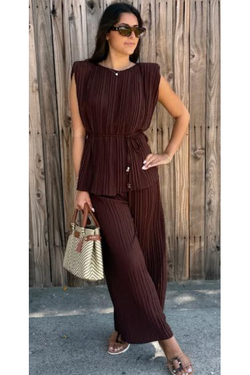 The Riva Brown Pleated Two Piece Top and Pant Set