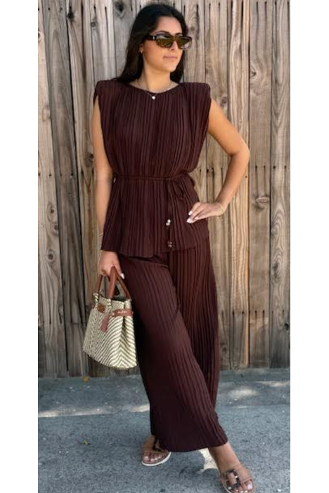 The Riva Brown Pleated Two Piece Top and Pant Set