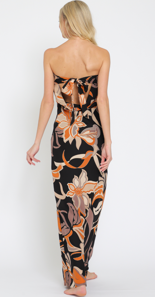 The Aviva Black Multi Floral Strapless Tie Back Maxi Dress