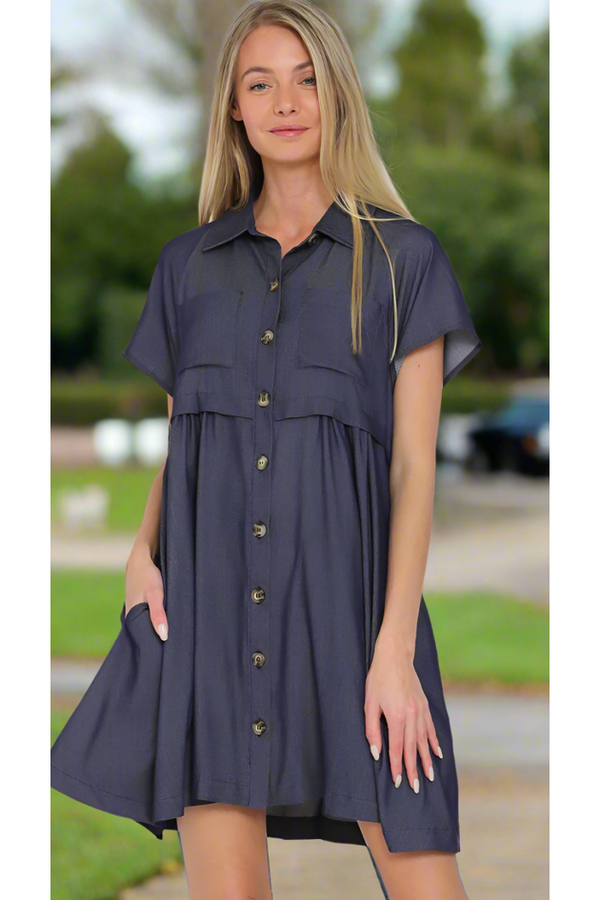 The Reilly Navy Blue Button Front A-Line Dress