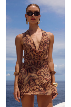The Iman Brown Animal Print Halter Mini Dress