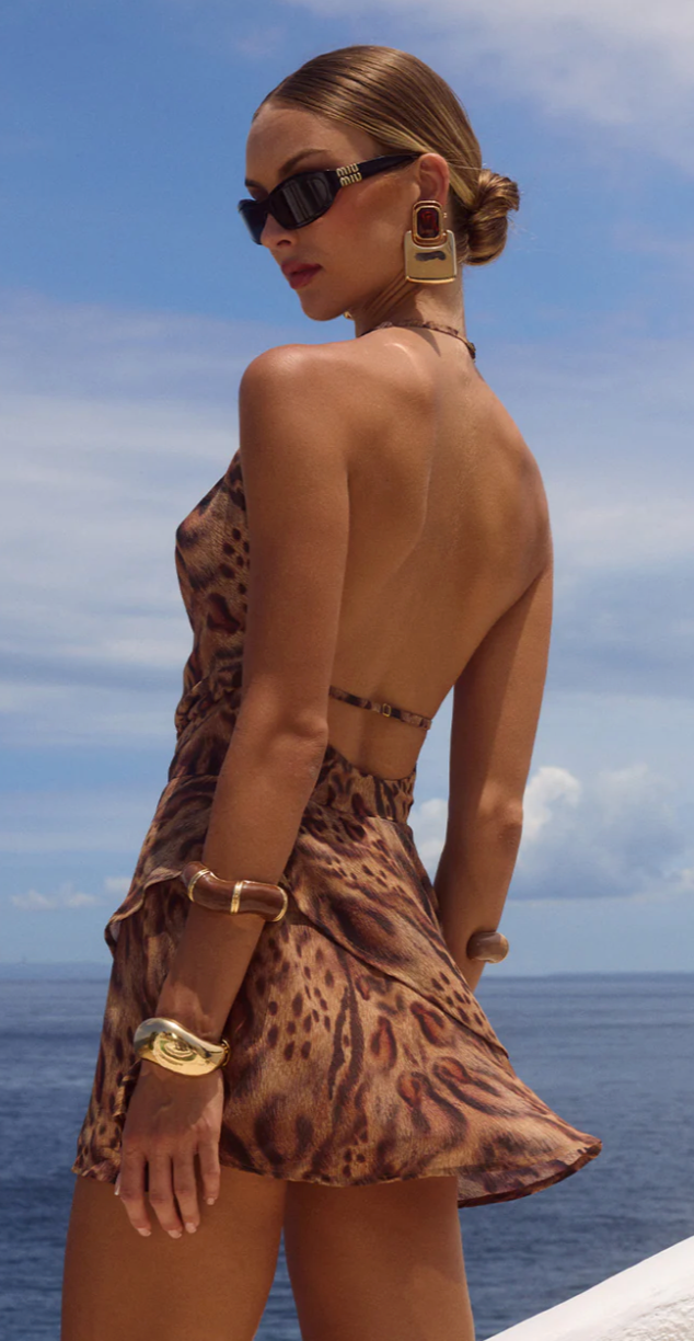 The Iman Brown Animal Print Halter Mini Dress
