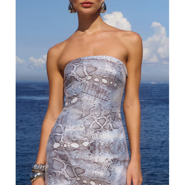 【新品・希少】14th CT DRESS (SNAKE W FEATHER) The Viper Steel Blue Strapless Snake Print Mini Dress – Cason Couture