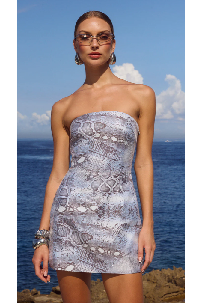The Viper Steel Blue Strapless Snake Print Mini Dress