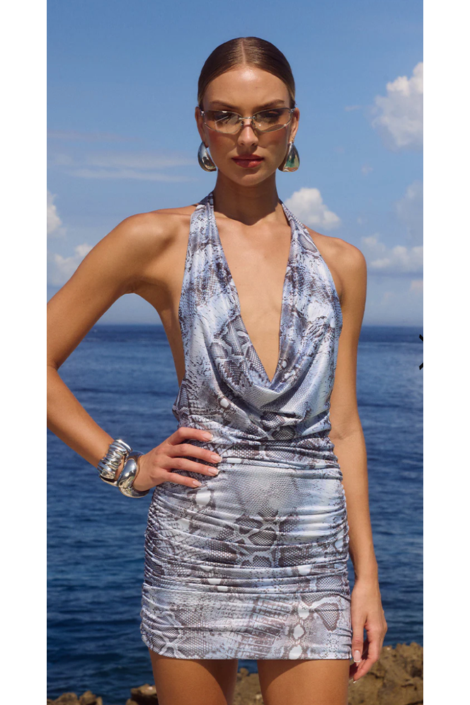 The Ibiza Steel Blue Halter Snake Print Mini Dress
