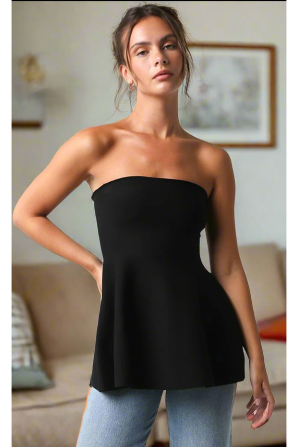 The Samantha Black Strapless Knit Peplum Top