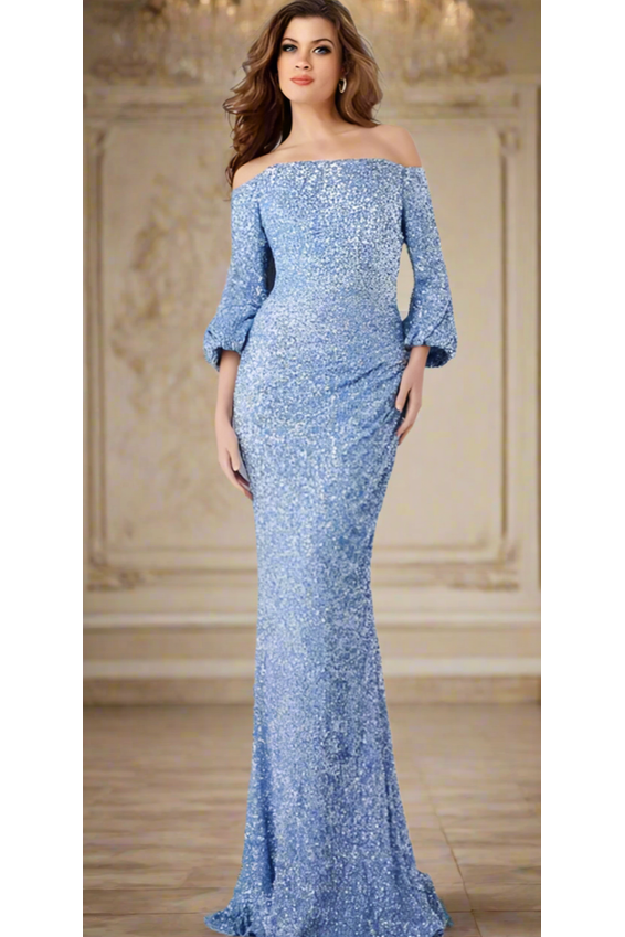 The Jovani 25949 Light Blue Off The Shouder Sequin Gown