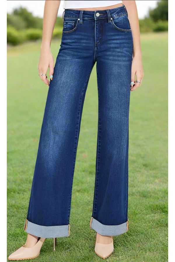 The Hayes Dark Wash High Rise Wide Leg Cuffed Jeans