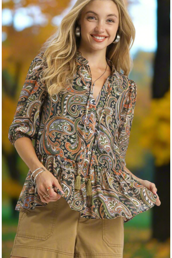 The Autumn Olive Multi Paisley Print Peplum Blouse
