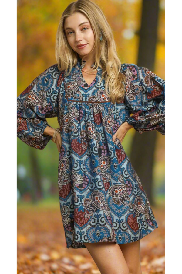 The Boho Blue Multi  Paisley Babydoll Dress