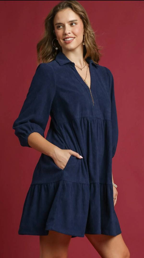 The Becky Navy Corduroy Babydoll Dress