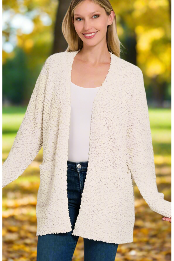 The Falling For You Beige Popcorn Cardigan Sweater