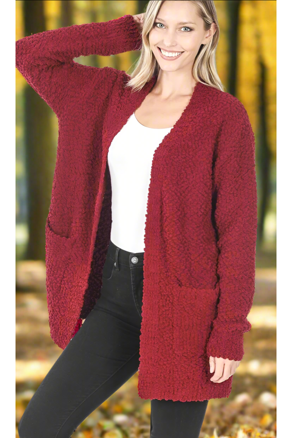 The Falling For You Burgundy Popcorn Cardigan Sweater