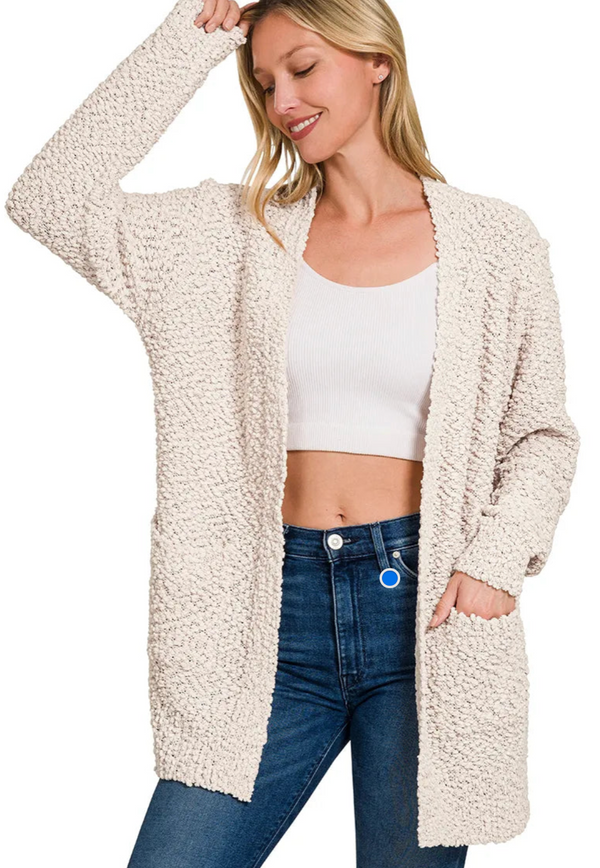The Falling For You Beige Popcorn Cardigan Sweater