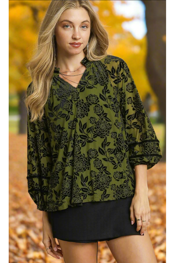 The Hazel Olive Floral Velvet Top