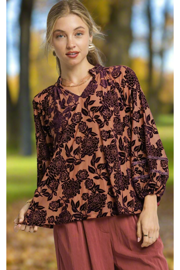 The Hazel Plum Floral Velvet Top