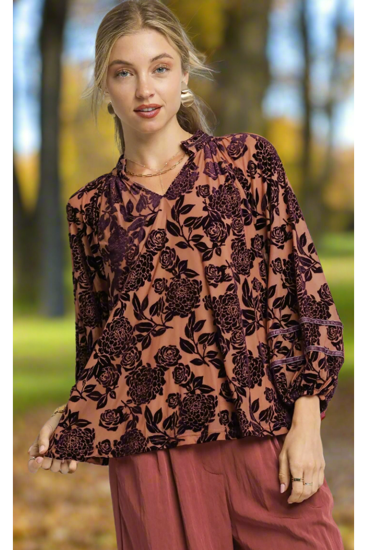 The Hazel Plum Floral Velvet Top