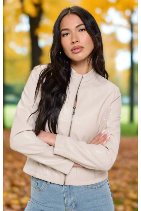 The Landon Cream Zip Up Vegan Moto Jacket