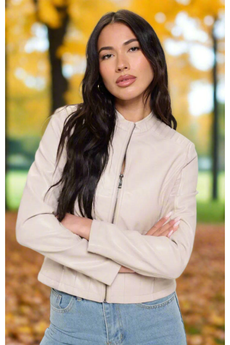 The Landon Cream Zip Up Vegan Moto Jacket