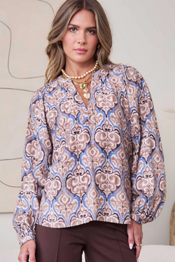 The Frieda Mauve/Brown Damask Print Top