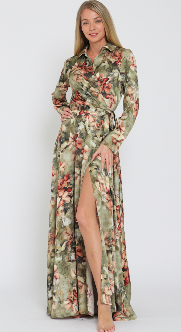 The Cora Olive Multi Floral Wrap Maxi Dress