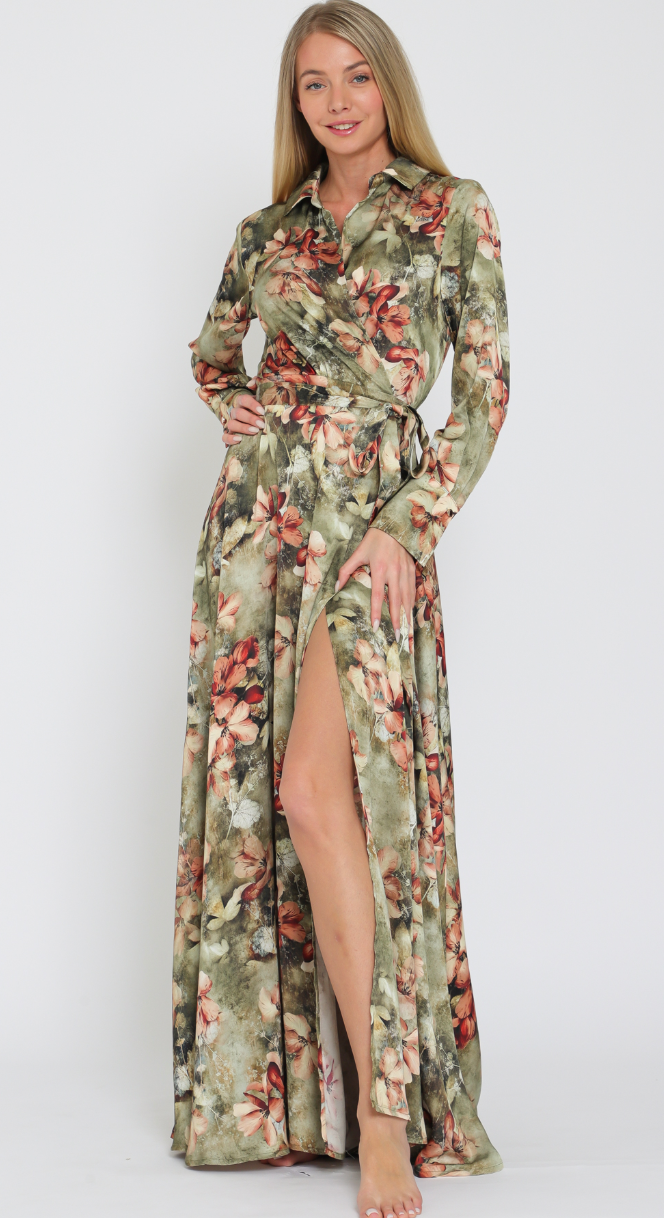 The Cora Olive Multi Floral Wrap Maxi Dress