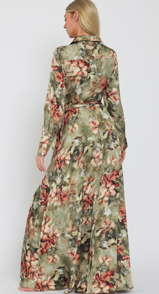 The Cora Olive Multi Floral Wrap Maxi Dress