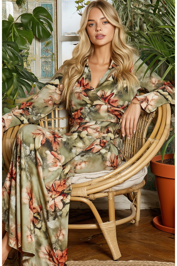 The Cora Olive Multi Floral Wrap Maxi Dress