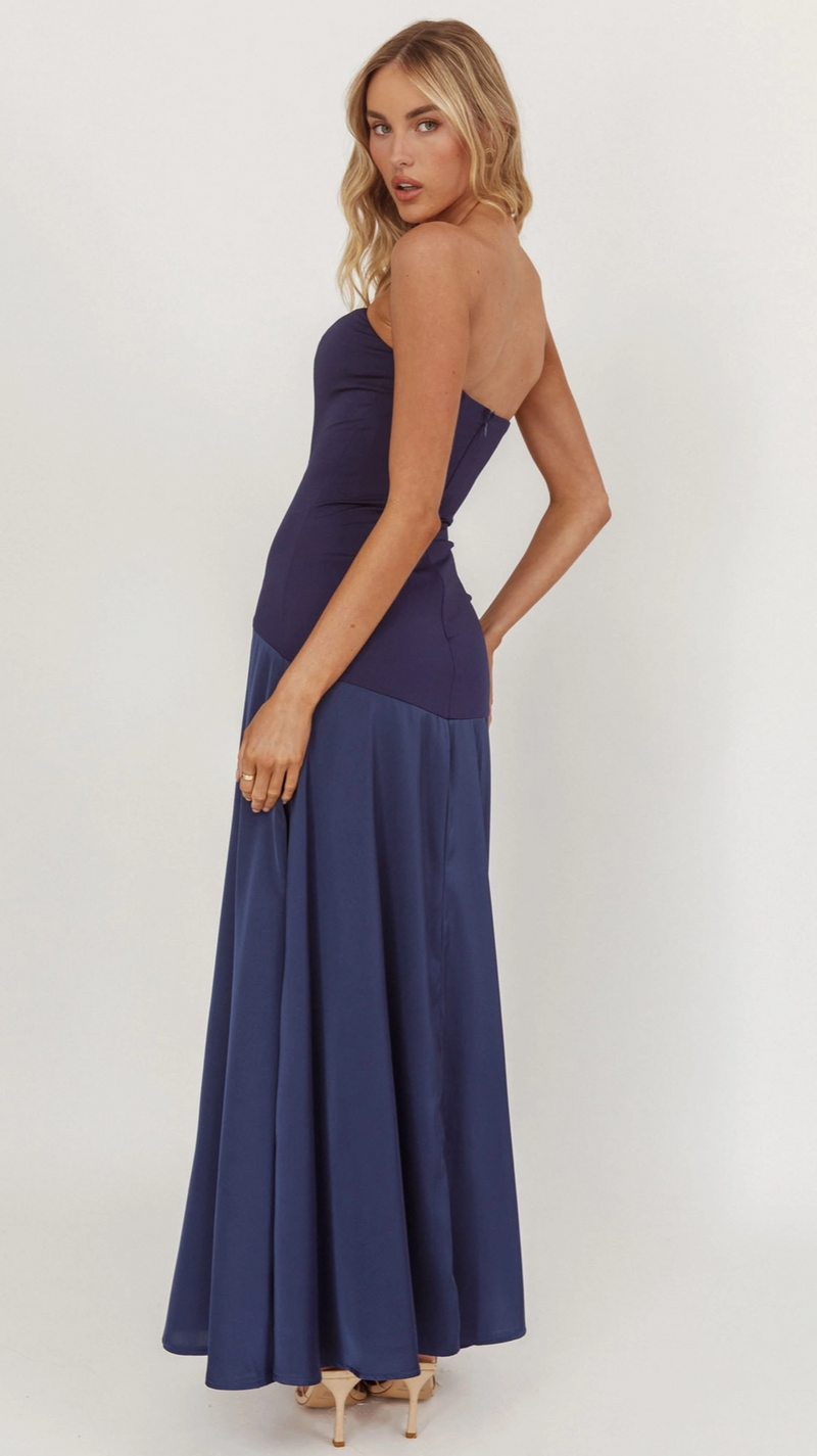 The Kayla Navy Blue Mixed Media Strapless Maxi Dress