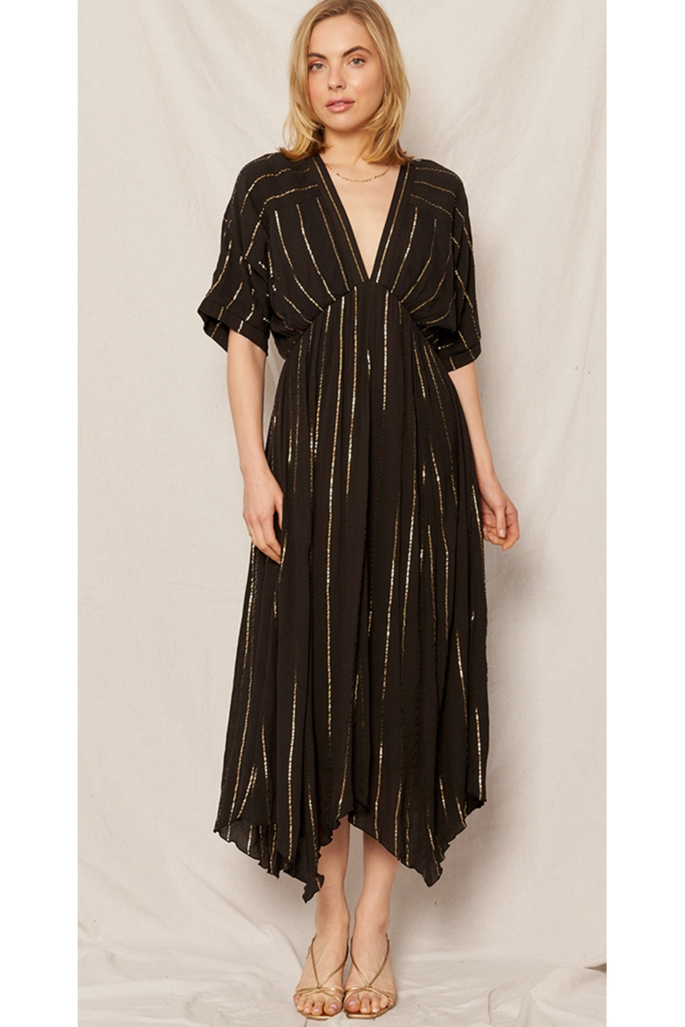 The Lucy Black/Gold Lurex Striped Midi Dress M