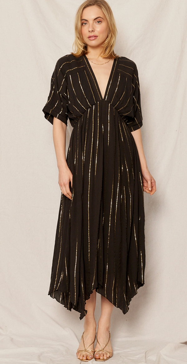 The Lucy Black/Gold Lurex Striped Midi Dress