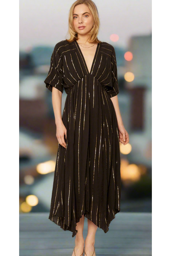 The Lucy Black/Gold Lurex Striped Midi Dress