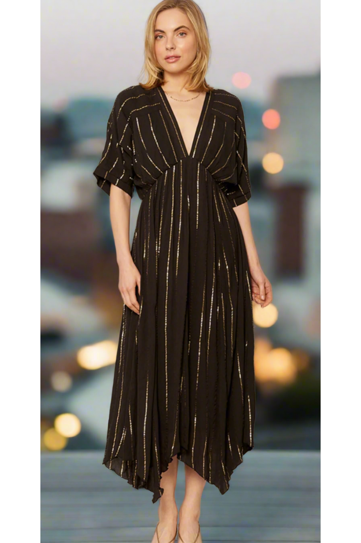 The Lucy Black/Gold Lurex Striped Midi Dress