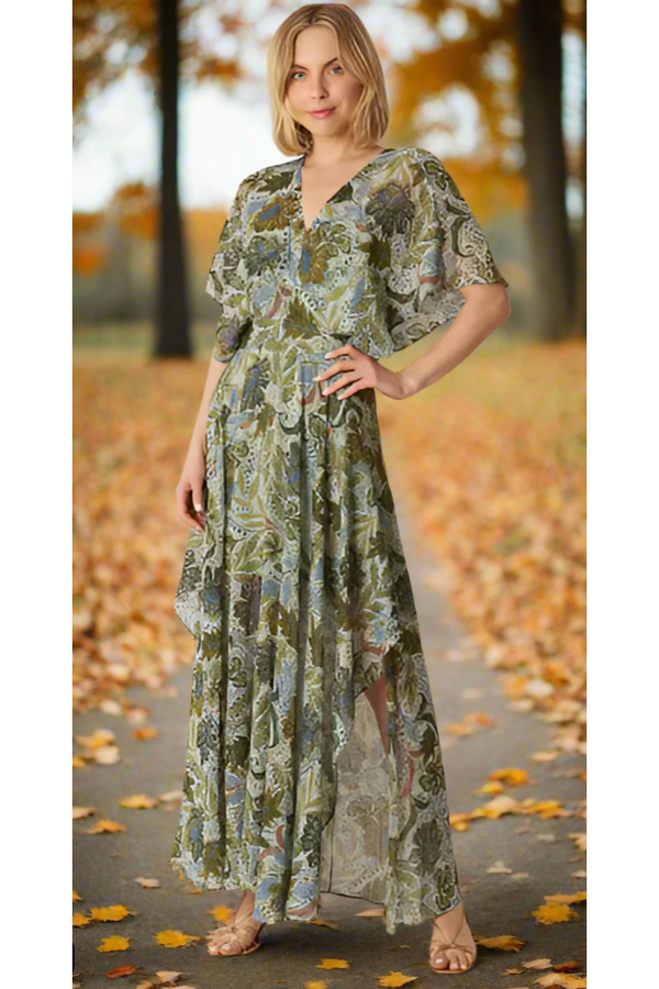 The Boheme Fall Green Multi Print Midi Dress