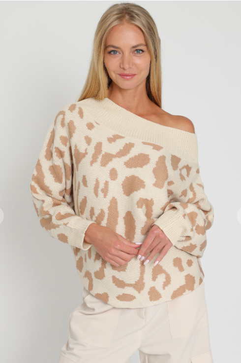 The Issa Leopard Cream/Camel Off Shoulder Ribbed Knit Sweater