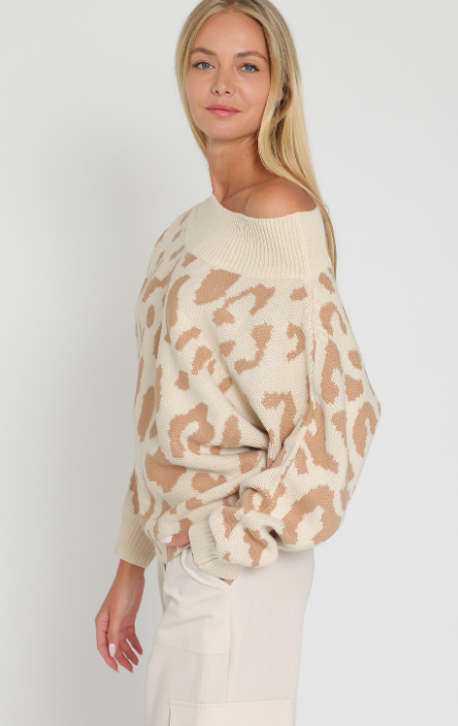 The Issa Leopard Cream/Camel Off Shoulder Ribbed Knit Sweater