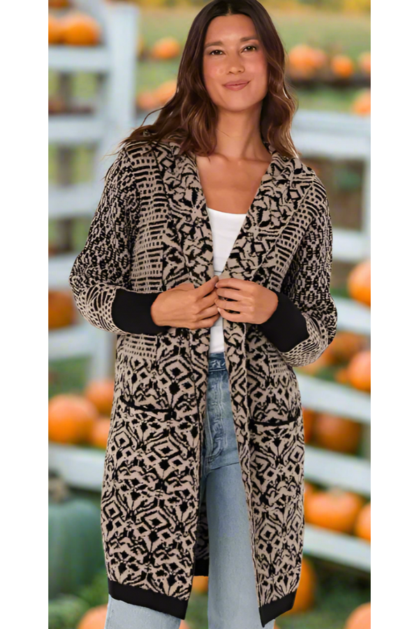The Patchwork Taupe/Black Jacquard Hoodie Cardigan