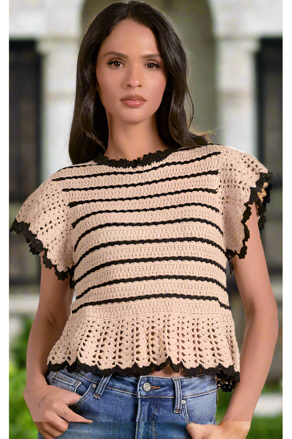The Nina Natural/Black Ruffle Sweater Top